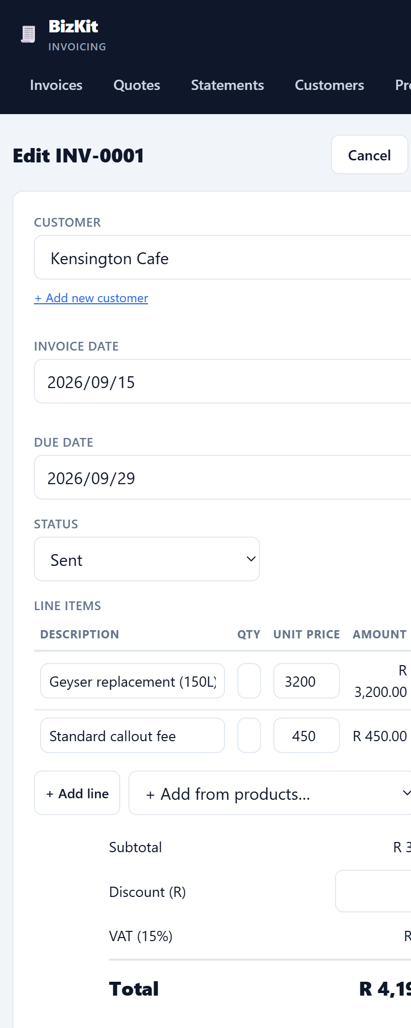 Creating an invoice on a phone in BizKit
