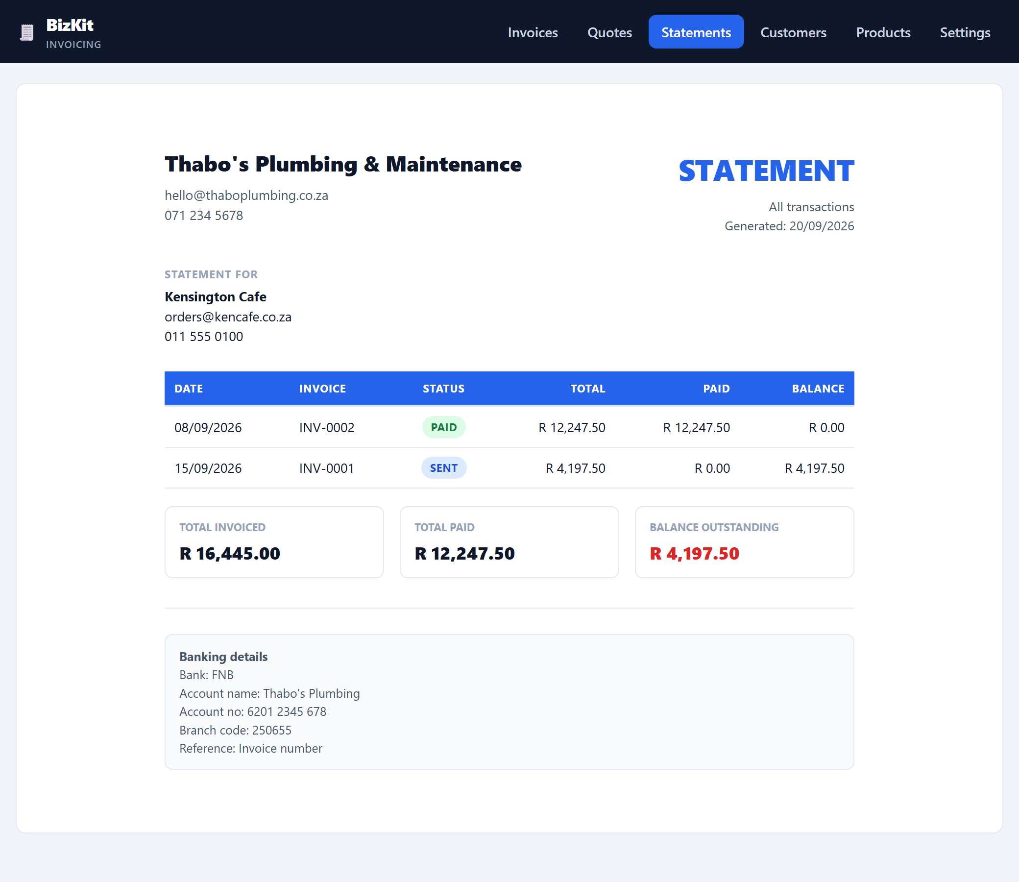 A customer statement showing invoices, payments and outstanding balance